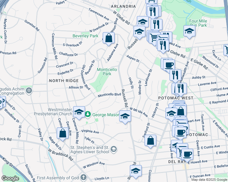map of restaurants, bars, coffee shops, grocery stores, and more near 2904 Argyle Drive in Alexandria
