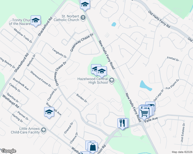 map of restaurants, bars, coffee shops, grocery stores, and more near 15875 New Halls Ferry Road in Florissant