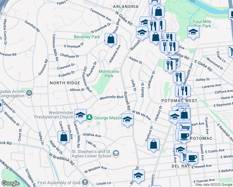 map of restaurants, bars, coffee shops, grocery stores, and more near 2904 Argyle Drive in Alexandria