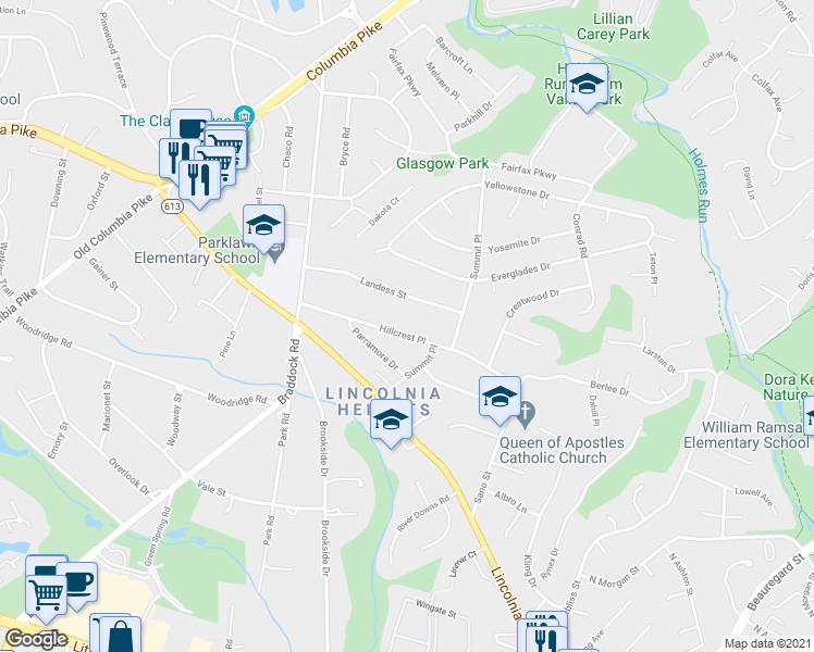 map of restaurants, bars, coffee shops, grocery stores, and more near 6338 Hillcrest Place in Alexandria