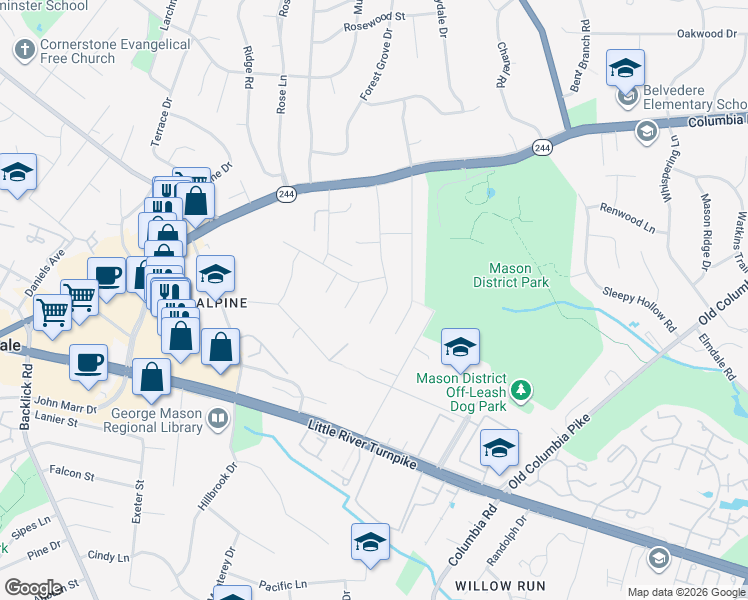 map of restaurants, bars, coffee shops, grocery stores, and more near 4300 Wynnwood Drive in Annandale