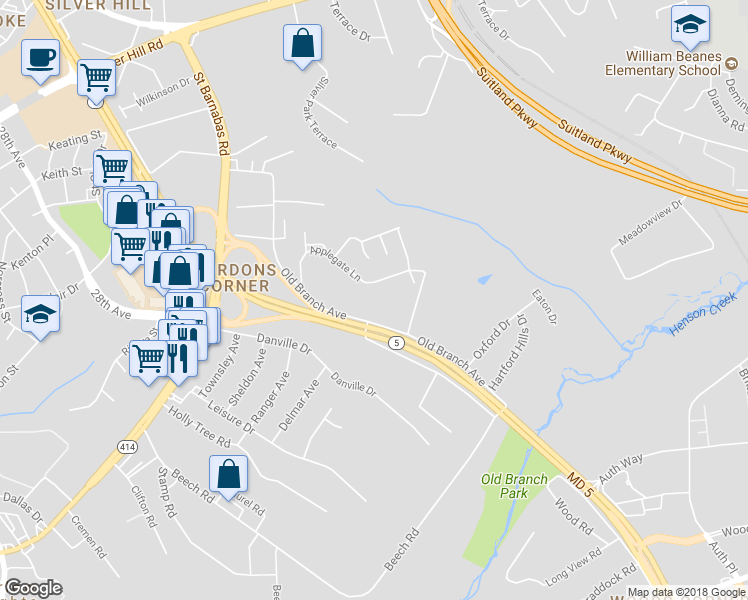 map of restaurants, bars, coffee shops, grocery stores, and more near 4400 Branch Avenue in Temple Hills