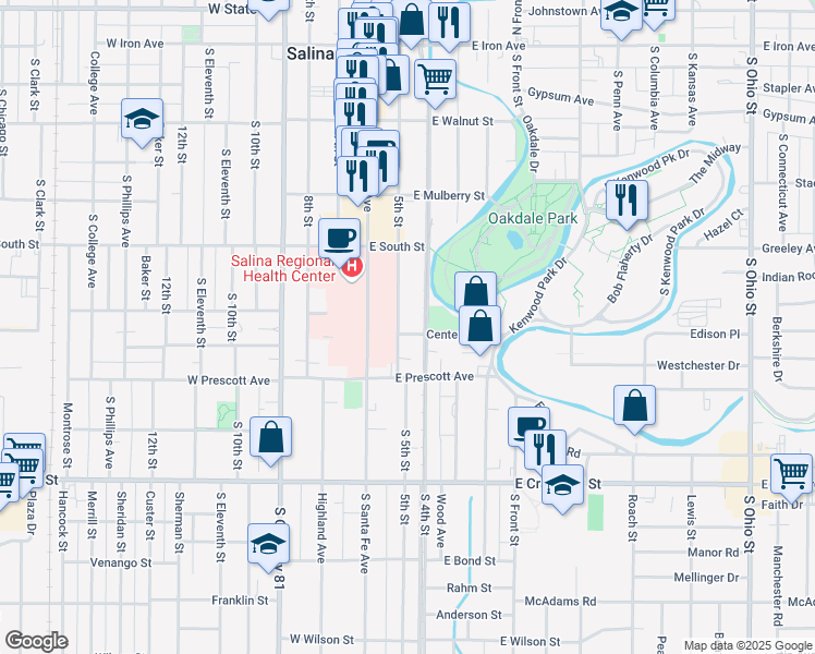 map of restaurants, bars, coffee shops, grocery stores, and more near 400-498 South 5th Street in Salina