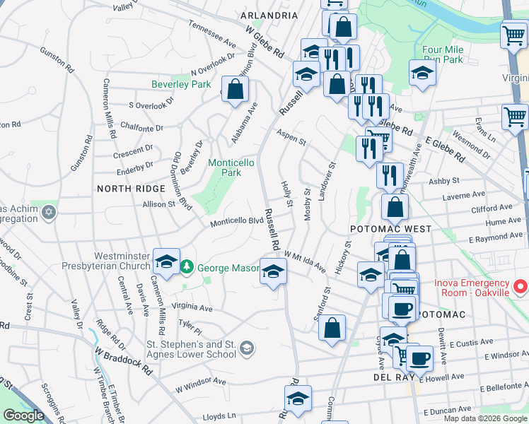 map of restaurants, bars, coffee shops, grocery stores, and more near 2904 Russell Road in Alexandria