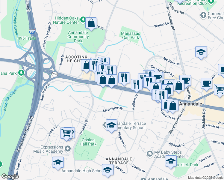 map of restaurants, bars, coffee shops, grocery stores, and more near 7601 Little River Turnpike in Annandale