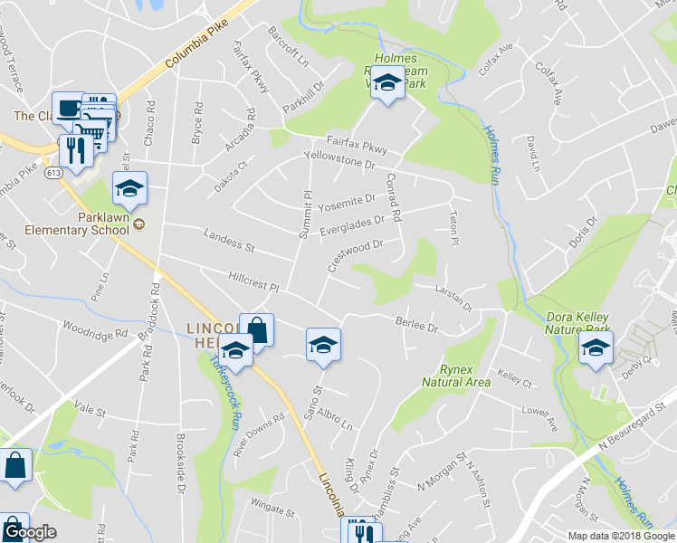 map of restaurants, bars, coffee shops, grocery stores, and more near 6220 Glenview Court in Alexandria