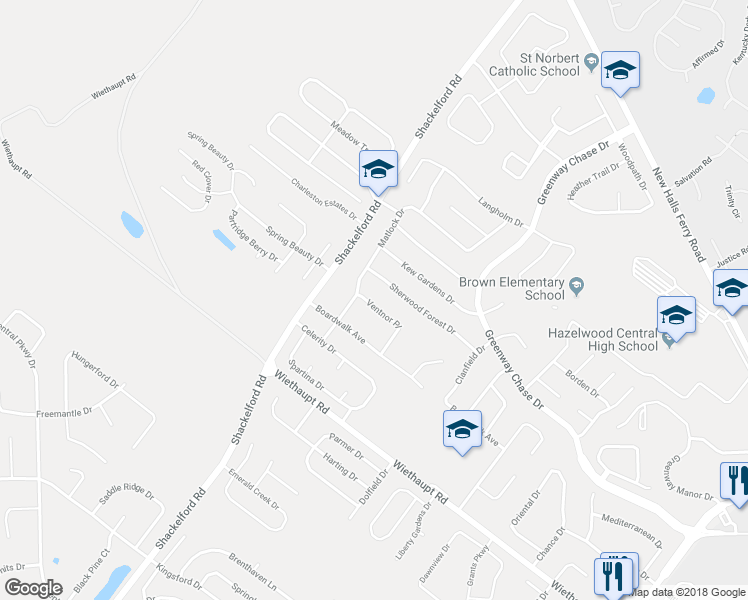 map of restaurants, bars, coffee shops, grocery stores, and more near 1677 Ventnor Place in Florissant