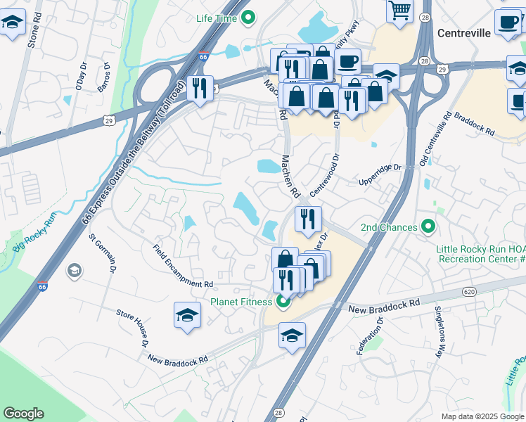 map of restaurants, bars, coffee shops, grocery stores, and more near 6221 Summer Pond Drive in Centreville