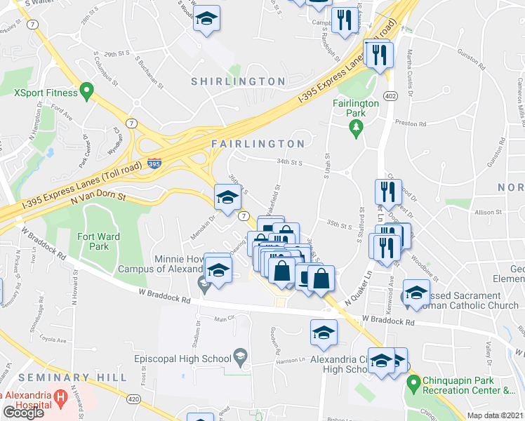 map of restaurants, bars, coffee shops, grocery stores, and more near 3600 South Wakefield Street in Arlington
