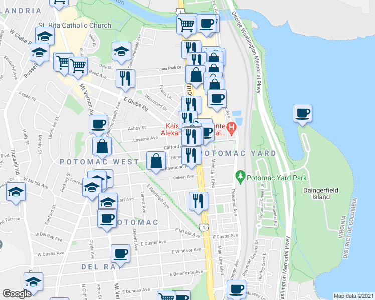 map of restaurants, bars, coffee shops, grocery stores, and more near 421 Clifford Avenue in Alexandria