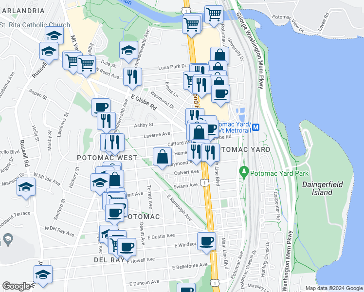 map of restaurants, bars, coffee shops, grocery stores, and more near 409 Clifford Avenue in Alexandria