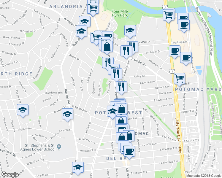 map of restaurants, bars, coffee shops, grocery stores, and more near 32 Kennedy Street in Alexandria
