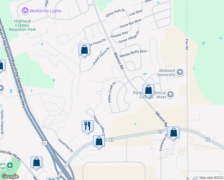 map of restaurants, bars, coffee shops, grocery stores, and more near 322 Aspen Creek Drive in Wentzville
