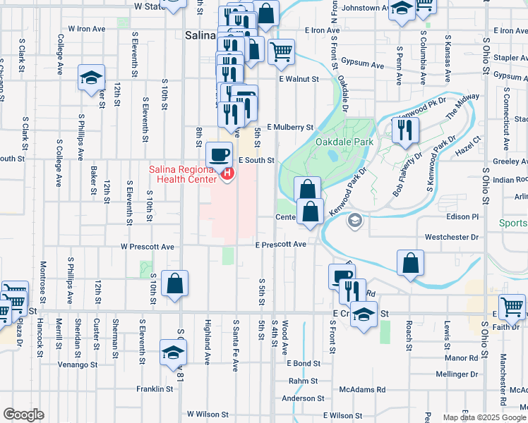 map of restaurants, bars, coffee shops, grocery stores, and more near 469 South 5th Street in Salina