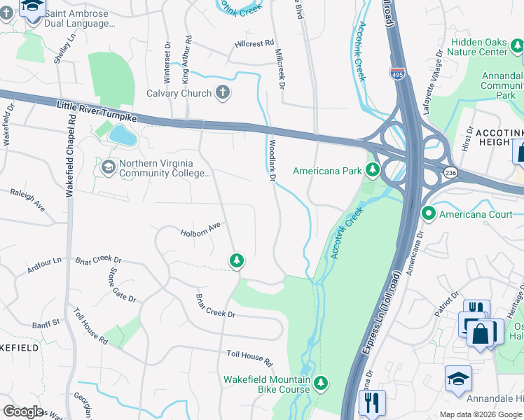 map of restaurants, bars, coffee shops, grocery stores, and more near 8242 The Midway in Annandale