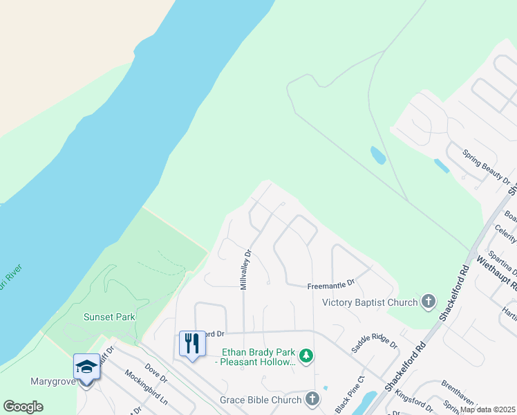 map of restaurants, bars, coffee shops, grocery stores, and more near 2428 Central Parkway Drive in Florissant