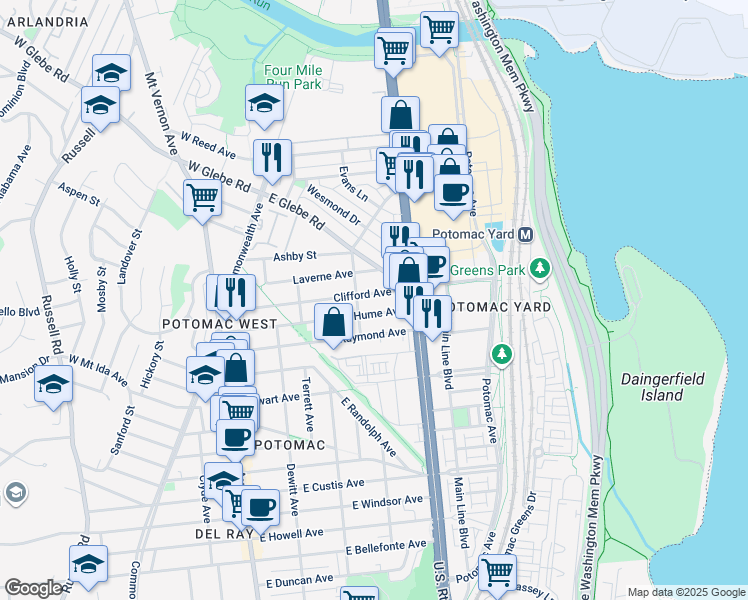 map of restaurants, bars, coffee shops, grocery stores, and more near 409 Clifford Avenue in Alexandria