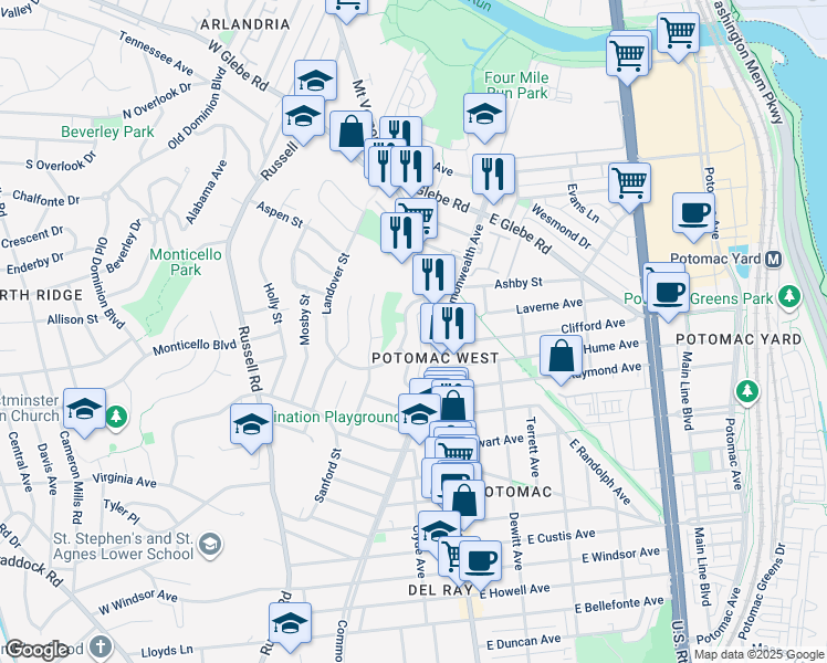 map of restaurants, bars, coffee shops, grocery stores, and more near 32 Kennedy Street in Alexandria