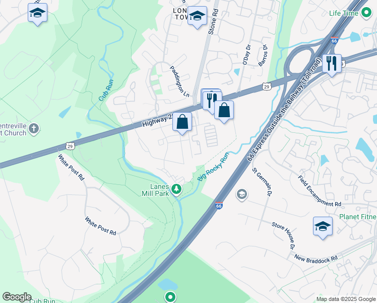 map of restaurants, bars, coffee shops, grocery stores, and more near 6378 James Harris Way in Centreville