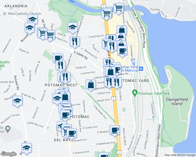 map of restaurants, bars, coffee shops, grocery stores, and more near 401 Clifford Avenue in Alexandria