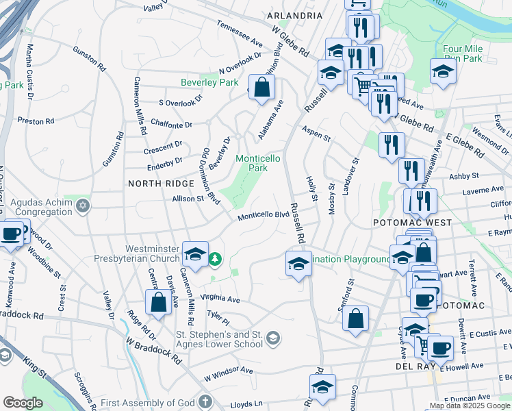 map of restaurants, bars, coffee shops, grocery stores, and more near 2905 Richmond Lane in Alexandria