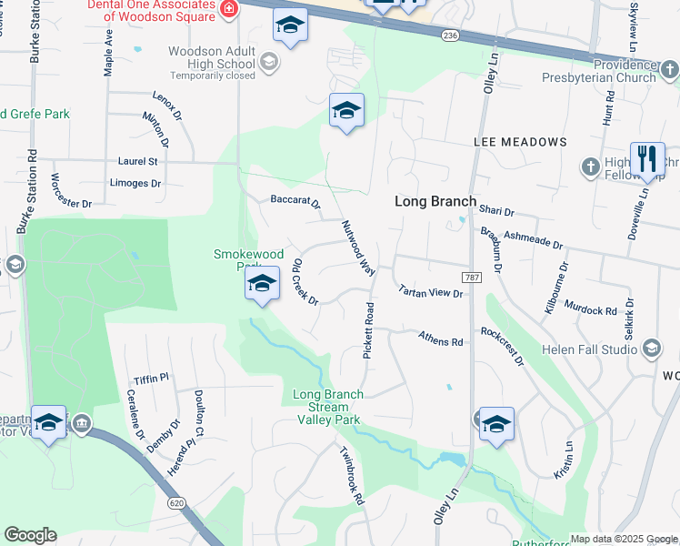 map of restaurants, bars, coffee shops, grocery stores, and more near 9507 Farmview Court in Fairfax