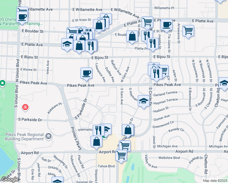 map of restaurants, bars, coffee shops, grocery stores, and more near 2589 East Pikes Peak Avenue in Colorado Springs