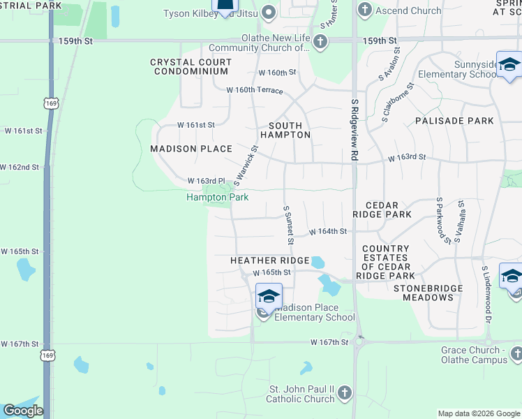 map of restaurants, bars, coffee shops, grocery stores, and more near 16396 South Blake Street in Olathe