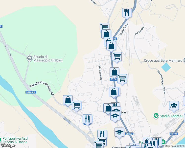 map of restaurants, bars, coffee shops, grocery stores, and more near 41 Via Ravenna in Catanzaro