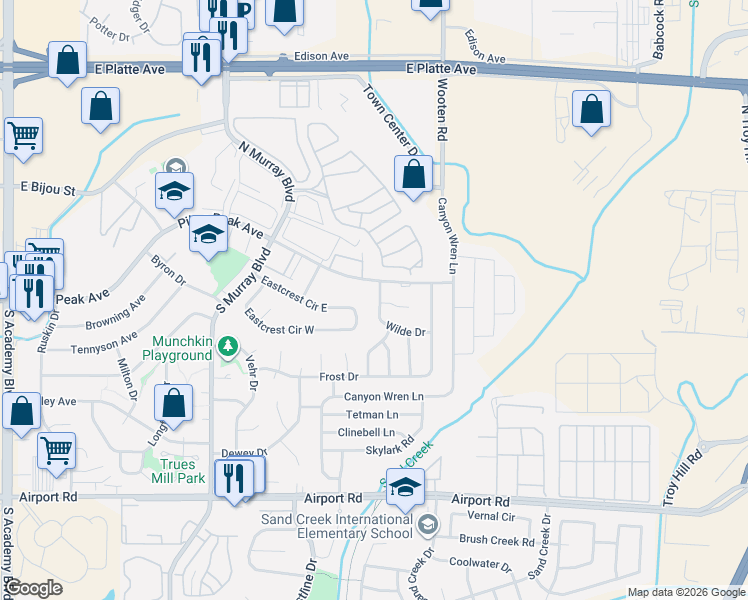 map of restaurants, bars, coffee shops, grocery stores, and more near 4717 Wilde Drive in Colorado Springs
