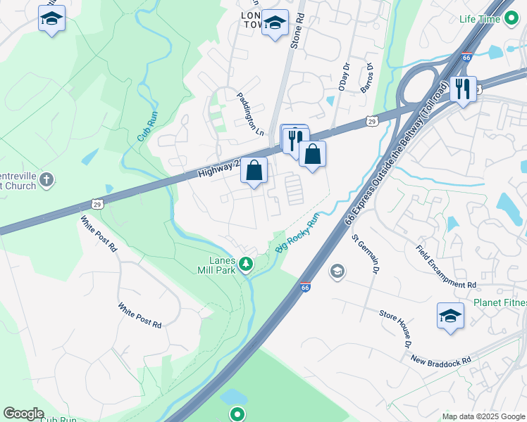 map of restaurants, bars, coffee shops, grocery stores, and more near 6378 James Harris Way in Centreville