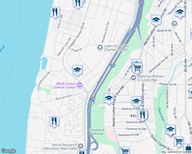 map of restaurants, bars, coffee shops, grocery stores, and more near 82 Westover Avenue Southwest in Washington
