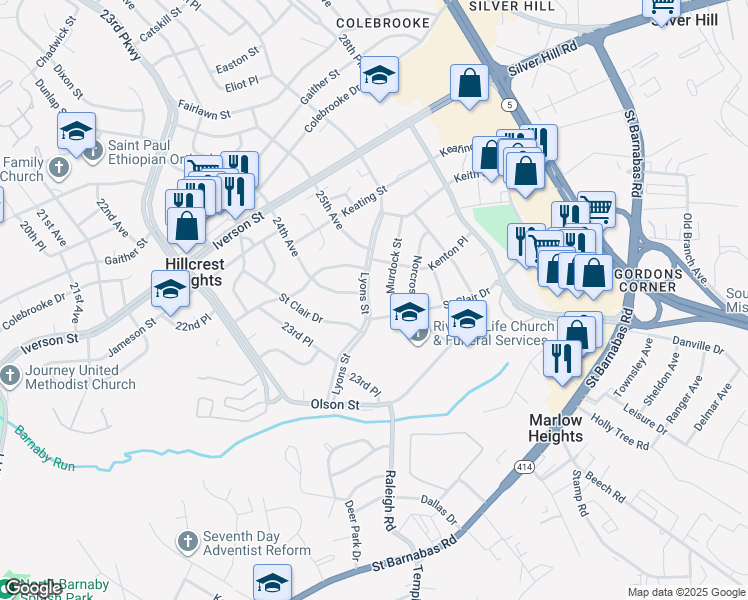 map of restaurants, bars, coffee shops, grocery stores, and more near 4202 Lyons Street in Temple Hills