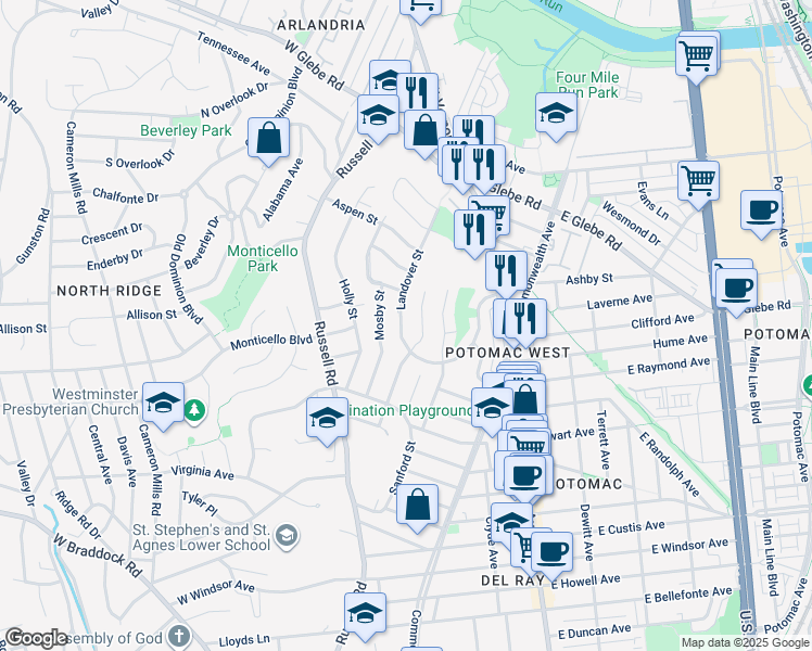 map of restaurants, bars, coffee shops, grocery stores, and more near 2915 Landover Street in Alexandria