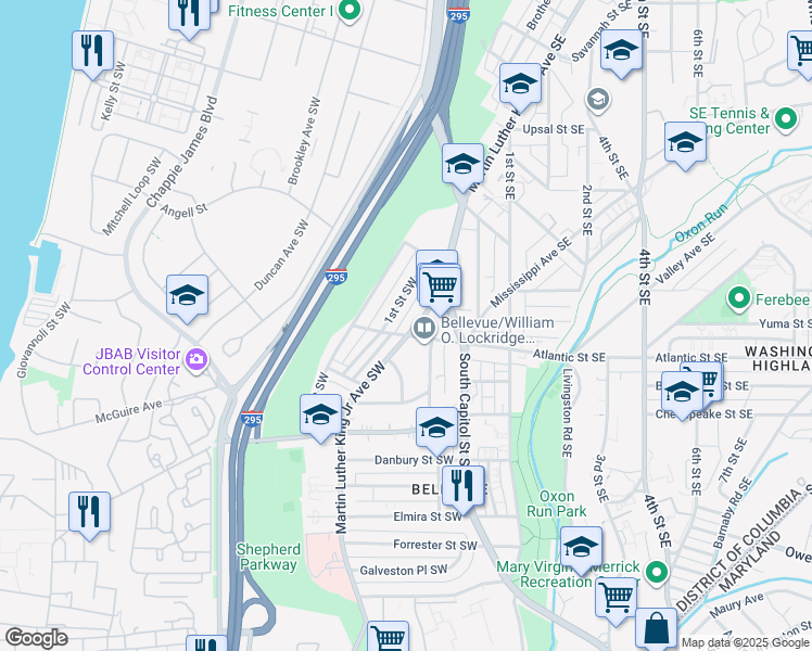 map of restaurants, bars, coffee shops, grocery stores, and more near 3967 Martin Luther King Junior Avenue Southwest in Washington