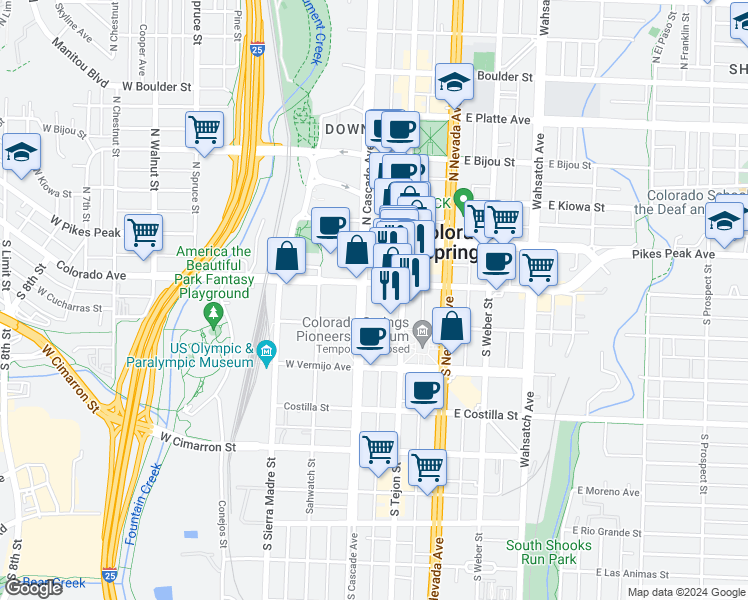 map of restaurants, bars, coffee shops, grocery stores, and more near 111 South Cascade Avenue in Colorado Springs