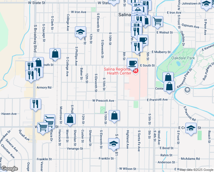 map of restaurants, bars, coffee shops, grocery stores, and more near 503 S 10th St in Salina