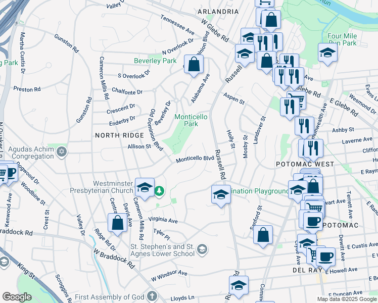 map of restaurants, bars, coffee shops, grocery stores, and more near 2905 Richmond Lane in Alexandria