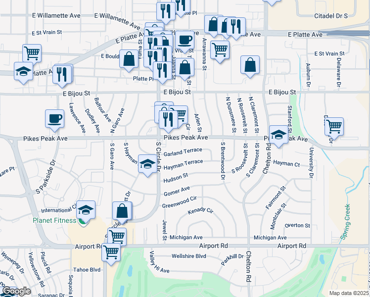 map of restaurants, bars, coffee shops, grocery stores, and more near 2914 Garland Terrace in Colorado Springs