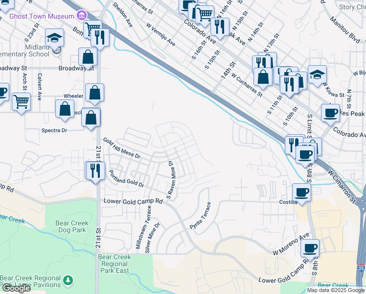 map of restaurants, bars, coffee shops, grocery stores, and more near 1197 Solitaire Street in Colorado Springs