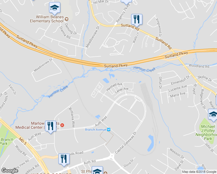 map of restaurants, bars, coffee shops, grocery stores, and more near 5500 Hartfield Avenue in Camp Springs