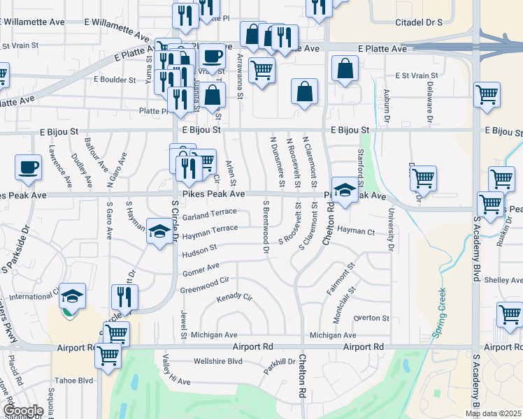 map of restaurants, bars, coffee shops, grocery stores, and more near 14 South Brentwood Drive in Colorado Springs
