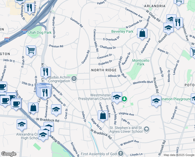 map of restaurants, bars, coffee shops, grocery stores, and more near 908 Allison Street in Alexandria
