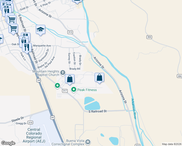 map of restaurants, bars, coffee shops, grocery stores, and more near 121 Brady Road in Buena Vista