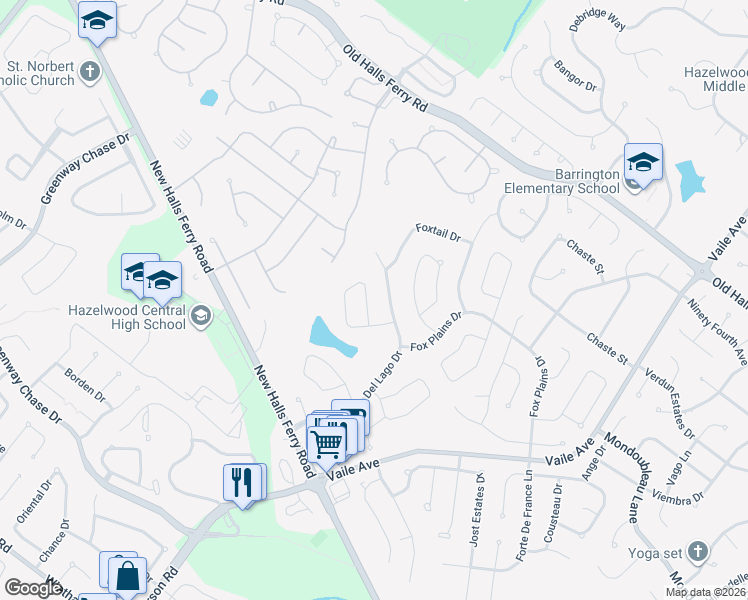map of restaurants, bars, coffee shops, grocery stores, and more near 4076 Fox Island Drive in Florissant