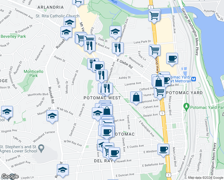 map of restaurants, bars, coffee shops, grocery stores, and more near 3011 Manning Street in Alexandria