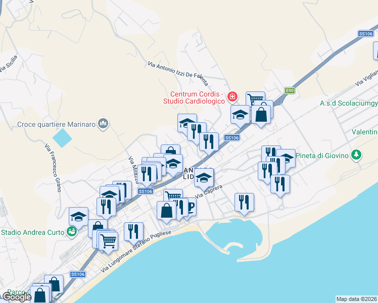 map of restaurants, bars, coffee shops, grocery stores, and more near 145 Viale Crotone in Catanzaro