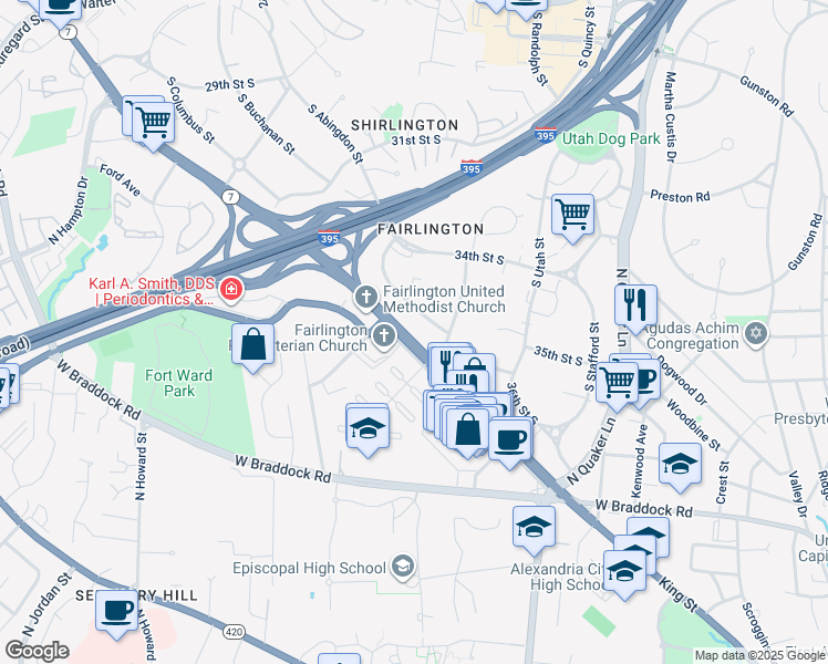 map of restaurants, bars, coffee shops, grocery stores, and more near 4622 36th Street South in Arlington