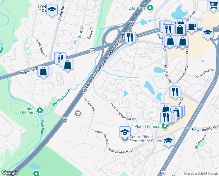 map of restaurants, bars, coffee shops, grocery stores, and more near 14342 Papilion Way in Centreville