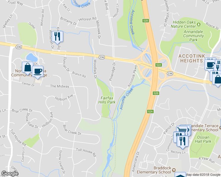 map of restaurants, bars, coffee shops, grocery stores, and more near 4208 Pineridge Drive in Annandale